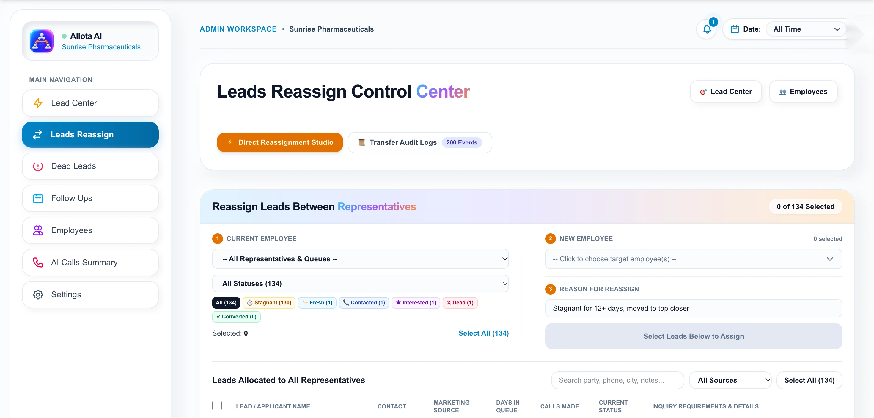 Leads Reassign screen